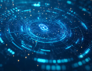 Digital background featuring an abstract digital space with blue binary code and circular shapes