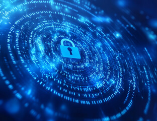 Digital background featuring an abstract digital space with blue binary code and circular shapes