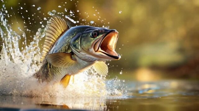 A largemouth bass bursts from the water during sunrise, showcasing its striking colors and energy. Water droplets sparkle against a warm background, highlighting this dynamic moment