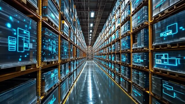 Automated warehouse with digital inventory management system in operation at night time
