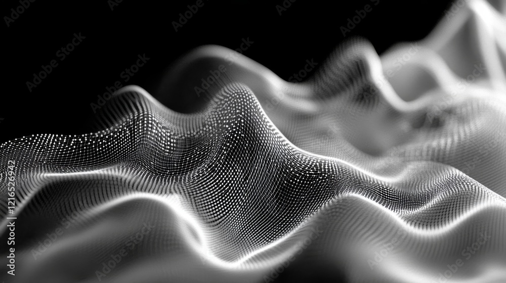 Poster abstract network of interconnected points and lines forming a dynamic wavy structure, showcasing a f