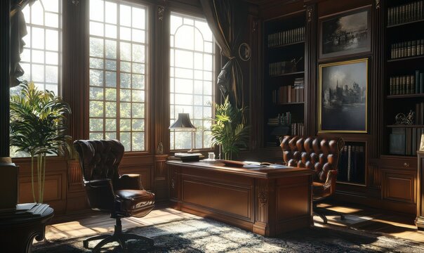 Elegant study with classic leather furniture and large windows in a serene setting