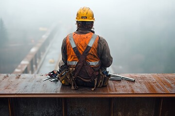 Fototapeta premium Construction worker taking a break on a foggy bridge
