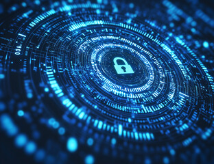 
Abstract futuristic background with blue digital binary code and a lock symbol in the center of a circular tunnel on a dark blue tech cyberspace concept for data protection,