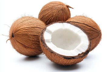 Fresh coconuts, halved, studio shot, white background, healthy food