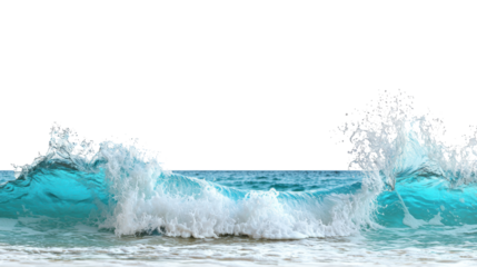 Vibrant blue ocean waves crashing on sandy beach create serene atmosphere. Isolated on white/transparent background.