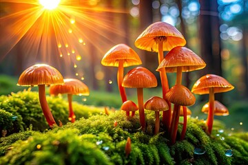 Fototapeta premium Golden sunlight dapples orange mushrooms nestled in vibrant green moss, a magical forest dawn.