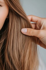 Obraz premium Gentle tugging on a healthy hair strand showcases the beauty and resilience of well-cared-for hair