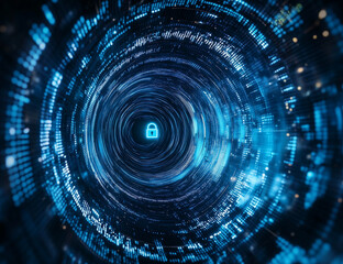 
Abstract futuristic background with blue digital binary code and a lock symbol in the center of a circular tunnel on a dark blue tech cyberspace concept for data protection,