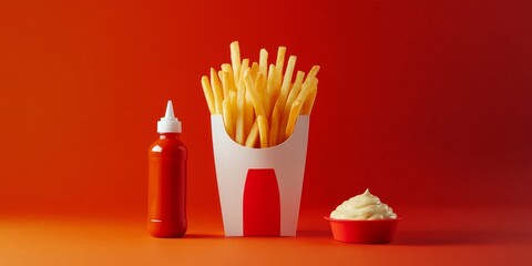 Golden fries in a classic container sit beside a bottle of ketchup and a small bowl of mayo. This vibrant image captures the joy of fast food. Perfect for food lovers. AI