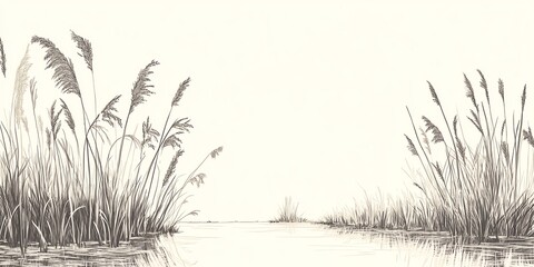 Serene sketch of a tranquil wetland scene with tall grasses and calm water.