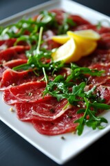 thinly sliced raw beef with fresh arugula and lemon garnish, served on an elegant white plate