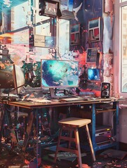 Illustration of A digital artist's workspace, where trendy art pieces are breaking down into digital fragments, blending creativity with destruction. Ai Generate.
