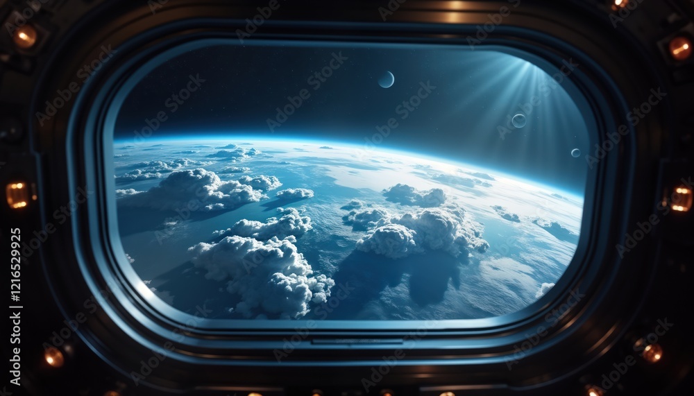 Wall mural spaceship window view of earth. blue planet with clouds. outer space view. astronauts travel. space 