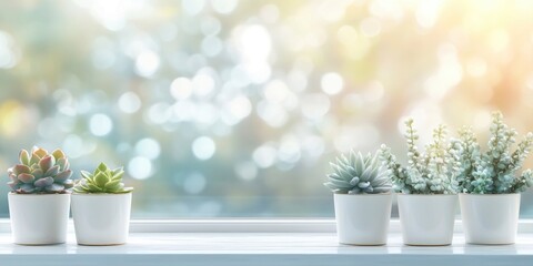 A row of white ceramic pots with succulents on the windowsill, blurred background