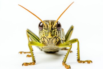 Brightly colored grasshopper posing on a clean white background showcasing its intricate details and lifelike features