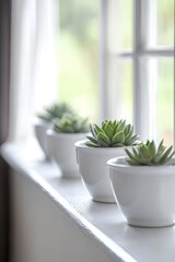 A row of white ceramic pots with succulents on the windowsill, blurred background