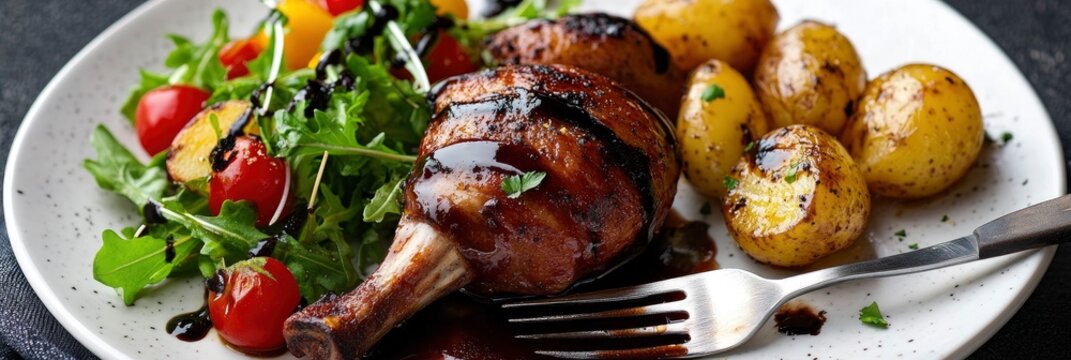 fried duck meat with potatoes and salad, presented on an elegant white plate with fork