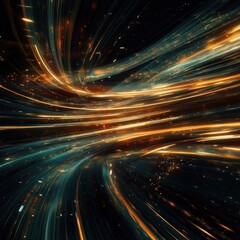 Abstract cosmic swirls of light and energy,  a vibrant galaxy of colors and motion.  A mesmerizing digital artwork of teal and gold streaks