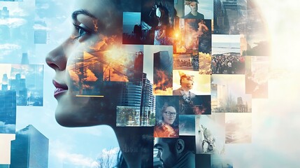 Collage of Cityscapes and Faces Merged into a Woman's Profile