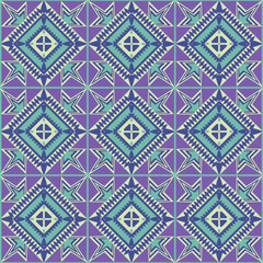 Vibrant tribal-inspired geometric pattern featuring bold diamond shapes and intricate star motifs in shades of purple, blue, and yellow. This seamless design is ideal for backgrounds, textile prints