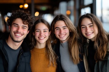 Fototapeta premium A joyful group of young adults pose together with bright smiles, capturing a moment of connection and camaraderie in a vibrant social setting, depicting beautiful friendships.