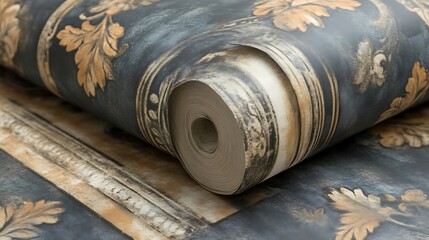 Elegant Rolled Wallpaper Featuring Dark Grey and Gold Leaf Designs