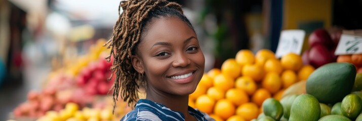 a smiling black woman in front of colorful fruits at a market