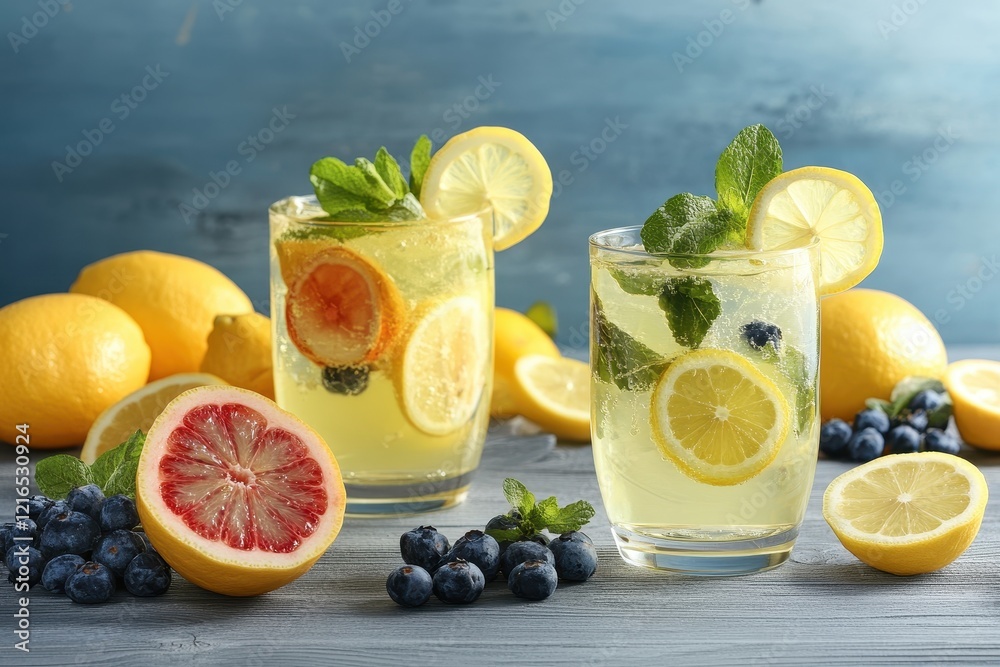 Wall mural Refreshing lemonade drinks with citrus & berries on wood