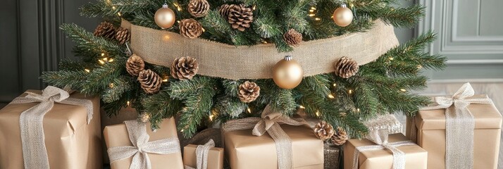 Christmas tree adorned with ribbon and pine cones, surrounded by gifts in an elegant wooden house