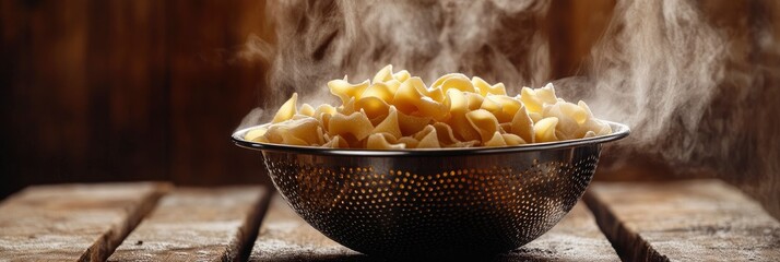 A bowl of pasta is steaming in a colander