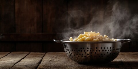 A bowl of pasta is steaming in a colander