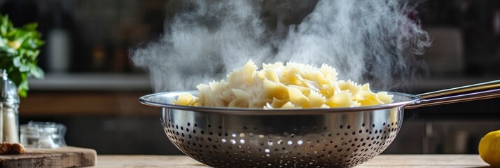 A bowl of pasta is steaming in a colander