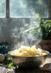 A bowl of pasta is steaming in a colander