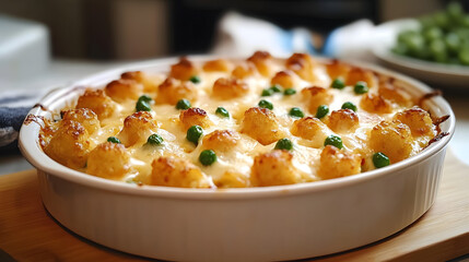 Delicious cheesy tater tot casserole with green peas, freshly baked, served in a warm, inviting kitchen setting during dinner time.