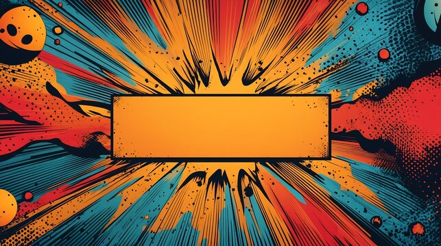 Fun invitation card for San Diego Comic Con featuring superhero graphics comic book fonts and vibrant pop art patterns with a blank rectangular section in the center for adding guest names