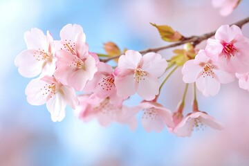 Fototapeta premium A close-up of cherry blossom branches with soft pink petals and fresh green leaves, set against a pastel blue sky, capturing the essence of springtime beauty