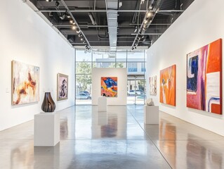 modern art gallery interior with colorful abstract paintings