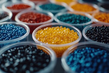 close up of colorful plastic pellets in containers