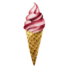 Strawberry, raspberry, cherry soft ice cream in crispy waffle cone. Hand painting sweet watercolor illustration isolated on background. For designers, menu, shop, decoration, restaurant, for postcards