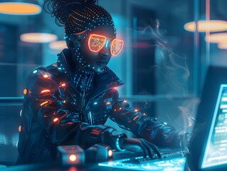 Illustration of A fashionable, quirky character with a passion for technology, wearing a jacket adorned with LED lights and futuristic glasses, working on a holographic computer in a sleek.
