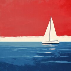 Sailboat at Sea Under a Red Sky