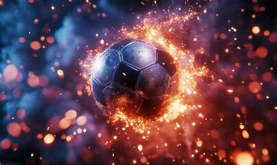Fototapeta premium Dynamic soccer ball amidst vibrant sparks in dramatic background during intense play