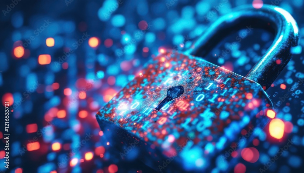 Poster digital security concept with lock and binary code in vibrant colors