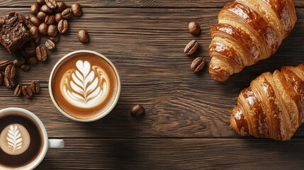 Cozy coffee and croissants on a rustic wooden table