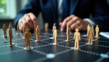 HR manager uses small figurines to plan talent network. Businessperson manages people strategically. Recruitment planning with people figurines. Network, leadership vision. Company talent management.