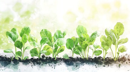 Watercolor Painting of Young Green Plants Growing in Soil.
