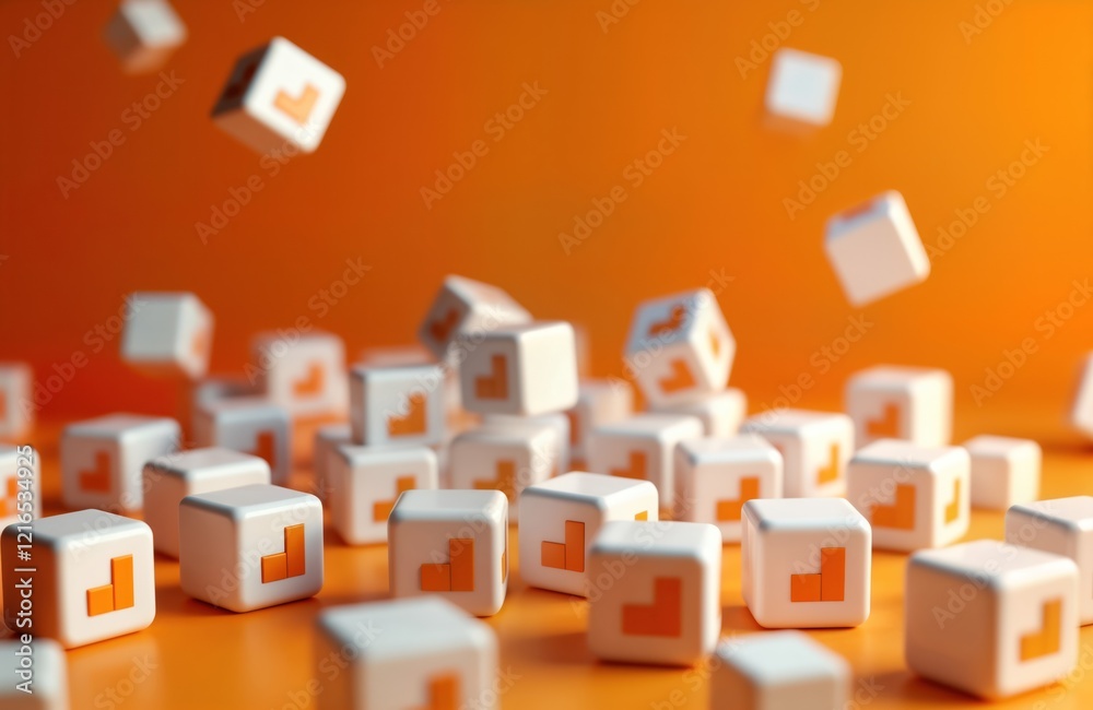 Aufkleber Abstract design featuring many white cubes with orange symbols. Cubes scattered on orange background. Design modern, tech-oriented. Could used as social media background app interface design. Also