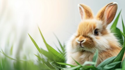 A close-up of a fluffy orange-and-white rabbit sitting in lush green grass, with a soft light background, creating a gentle and peaceful springtime atmosphere