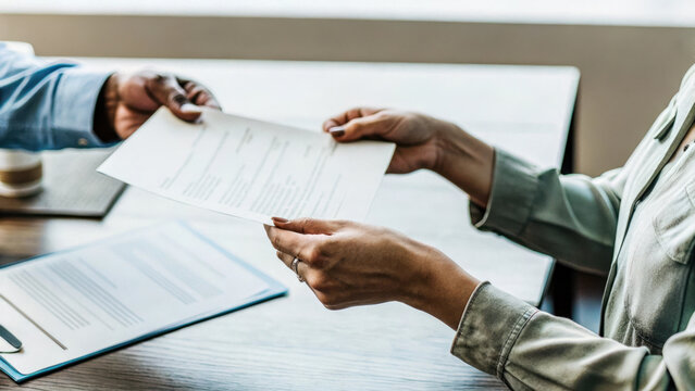 recruiter handing over resume to candidate during interview process, showcasing professionalism and engagement